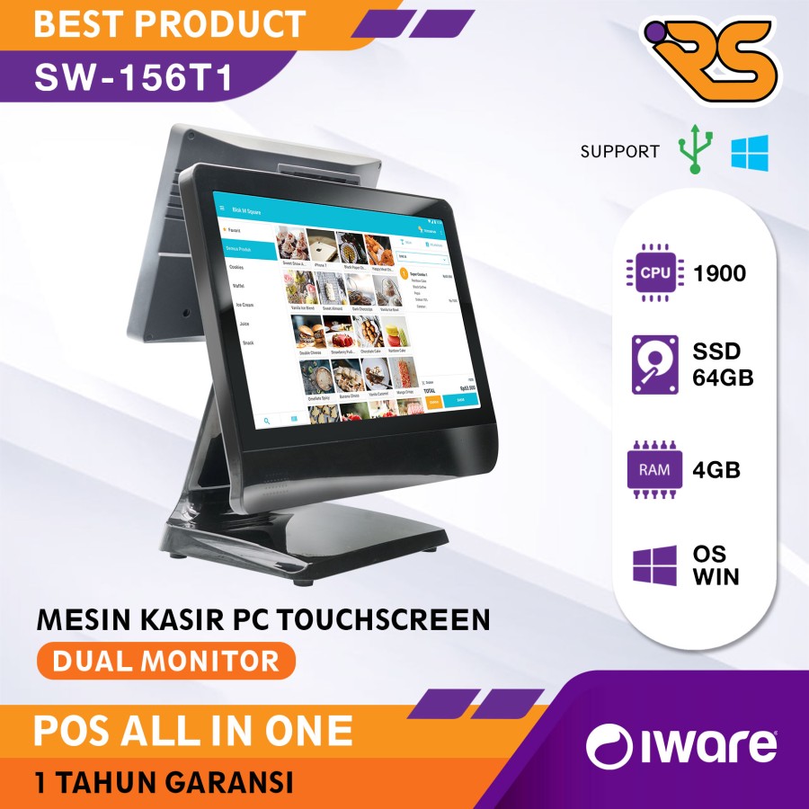 MESIN KASIR POS ALL IN ONE PC TOUCHSCREEN IWARE SW156T1 -PAKET LENGKAP