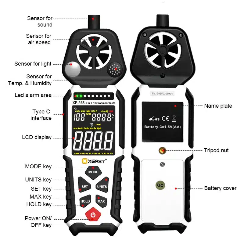 5 In 1 XEAST XE-368 Multifunctional Environment Meter: Sound Level, Digital Light, Air Velocity (Anemometer), Humidity,